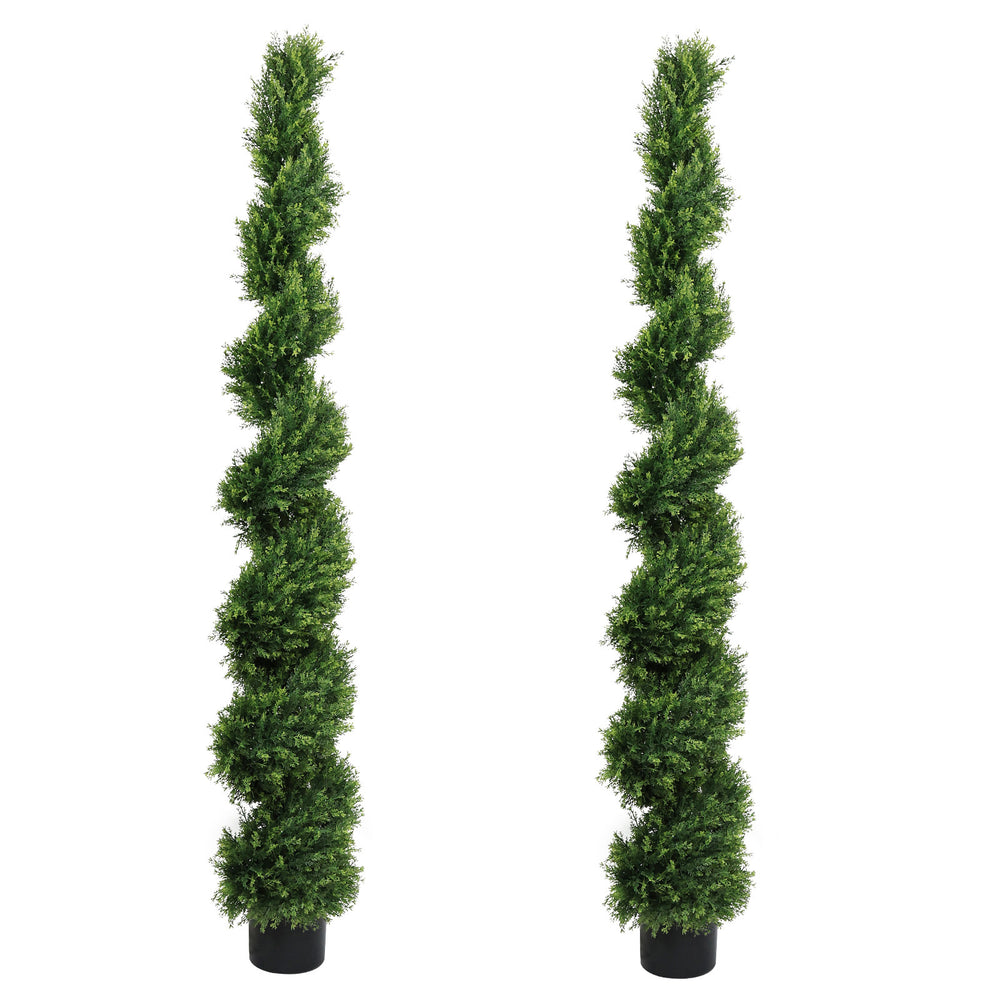 6FT two-tone spiral-shaped potted cedar tree; a realistic evergreen plant, suitable for decorating outdoor gardens, porches, patios, etc.; 2pcs/set Media 2