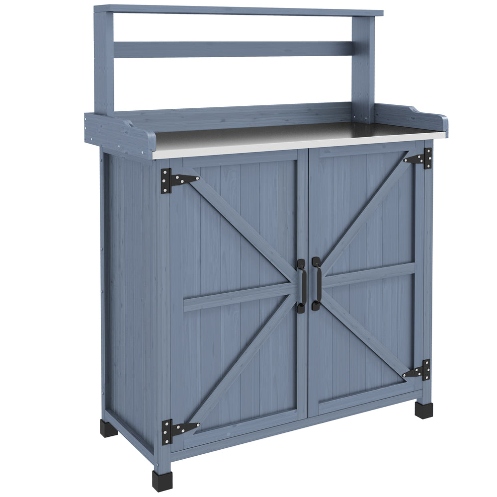 Outsunny Potting Bench, Outdoor Wooden Potting Table with Storage Cabinet with 2 Shelves, Garden Work Bench with Galvanized Plated Tabletop for Backyard, Balcony, Gray Media 1