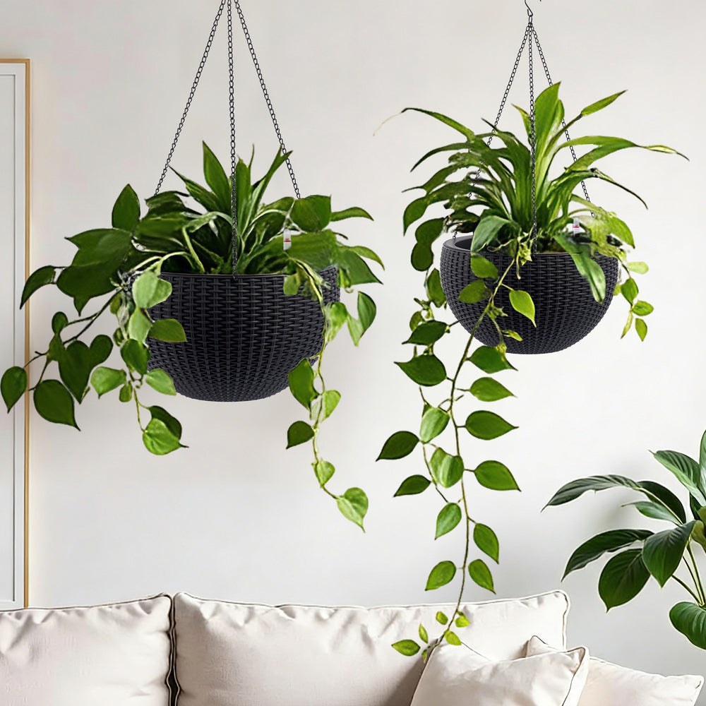 13.4 inch Self-Watering Hanging Rattan-Inspired Planter Large Capacity, Root-Rot Resistant Water Storage with Water Level Indicator, Dual-Use for Indoor & Balcony Decoration (Pack of 2, Black Color) Media 6