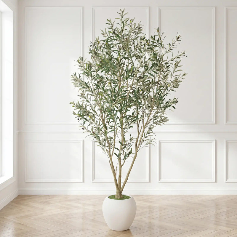 8FT Artificial Olive Tree With Big Decorative White Planter, Tall Indoor & Covered Outdoor Decorative Tree, 1pc/set