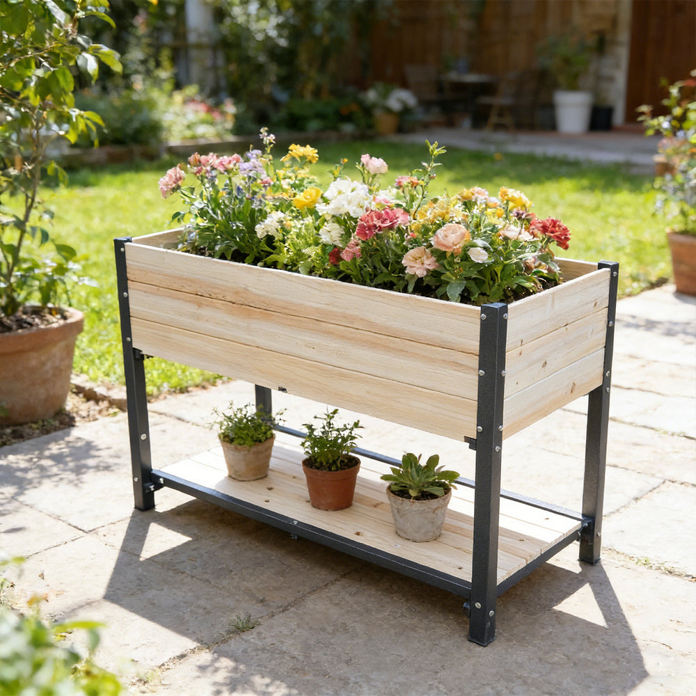 New style:     Solid Wood & Iron Frame Raised Garden Bed - Reversible & Replaceable Wood Panels, No Paint/Formaldehyde, DIY Planter Box for Vegetables, Fruits, Flowers Media 1