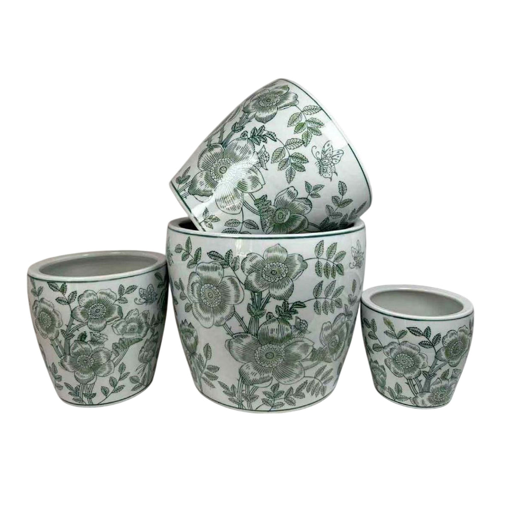 Kerry Accent Planter Pot Set of 4, Green Floral Pattern, White Ceramic Media 3