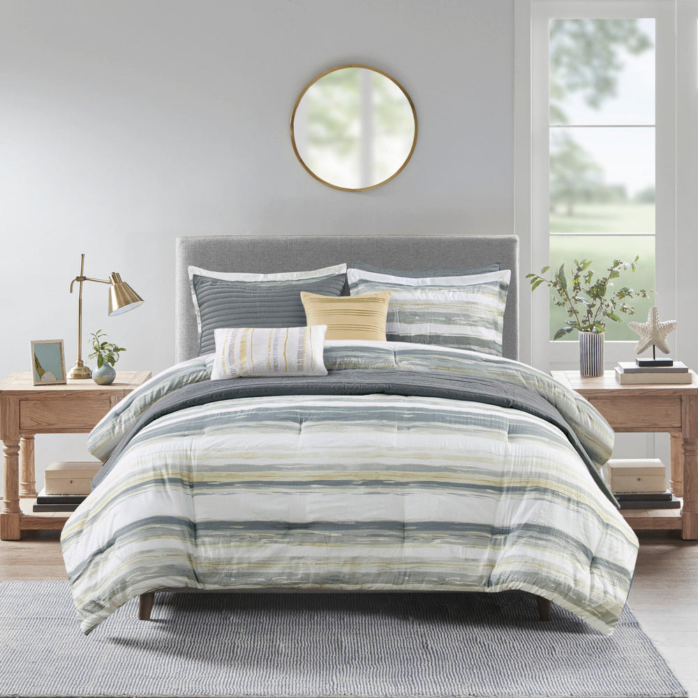 8 Piece Printed Seersucker Comforter and Quilt Set Collection Yellow King/Cal King Media 5