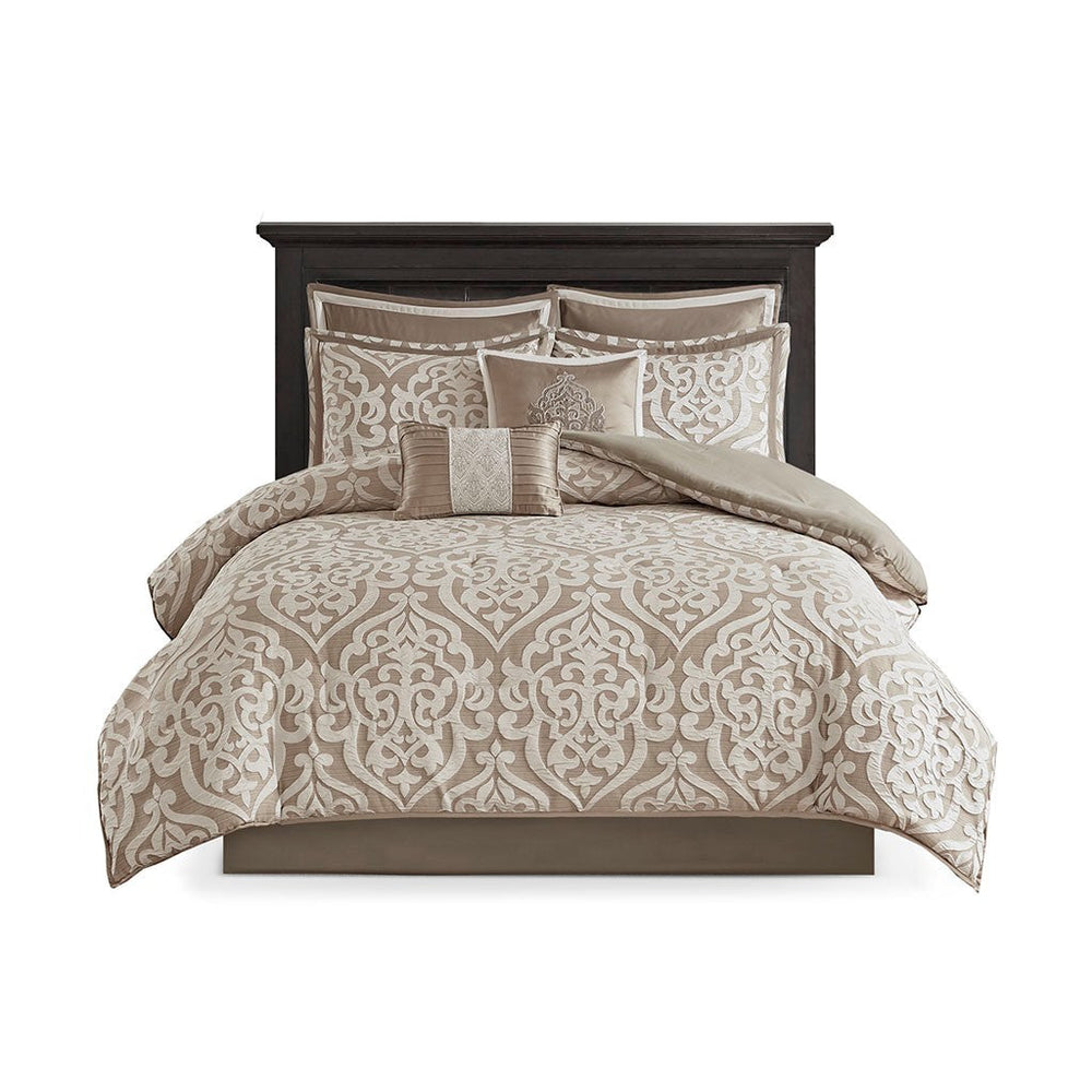 8 Piece Jacquard Comforter Set Tan/Ivory Cal King Media 7