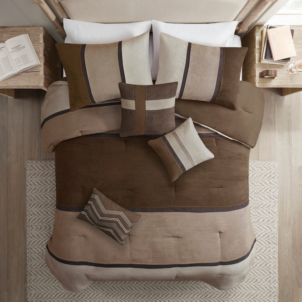 7 Piece Faux Suede Comforter Set Brown King Media 3