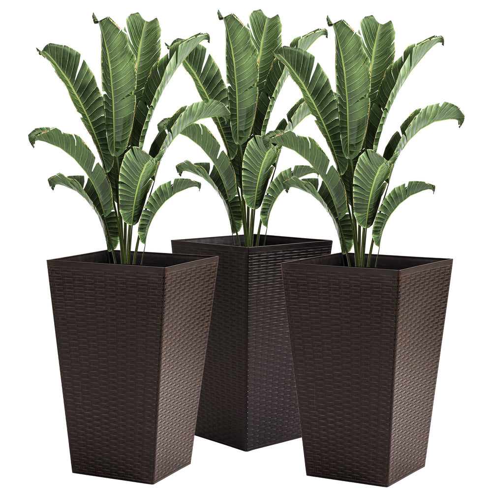 Outsunny Set of 3 Tall Planters with Drainage Hole, Outdoor Flower Pots, Indoor Planters for Porch, Front Door, Entryway, Patio and Deck, Brown Media 1
