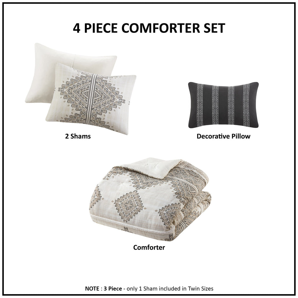 4 Piece Printed Comforter Set with Throw Pillow Black/Ivory King/Cal King Media 2