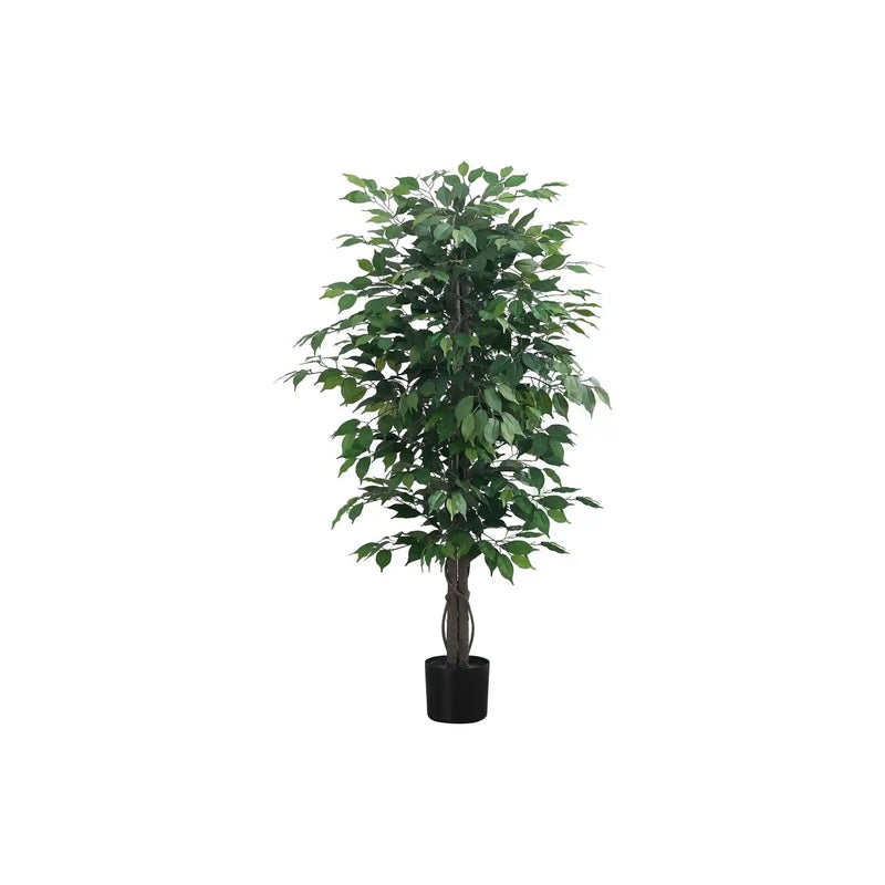 Artificial Ficus Tree Indoor Floor Plant, 58' Tall, Green Leaves, Black Pot, Faux Greenery Decorative Potted Plant
