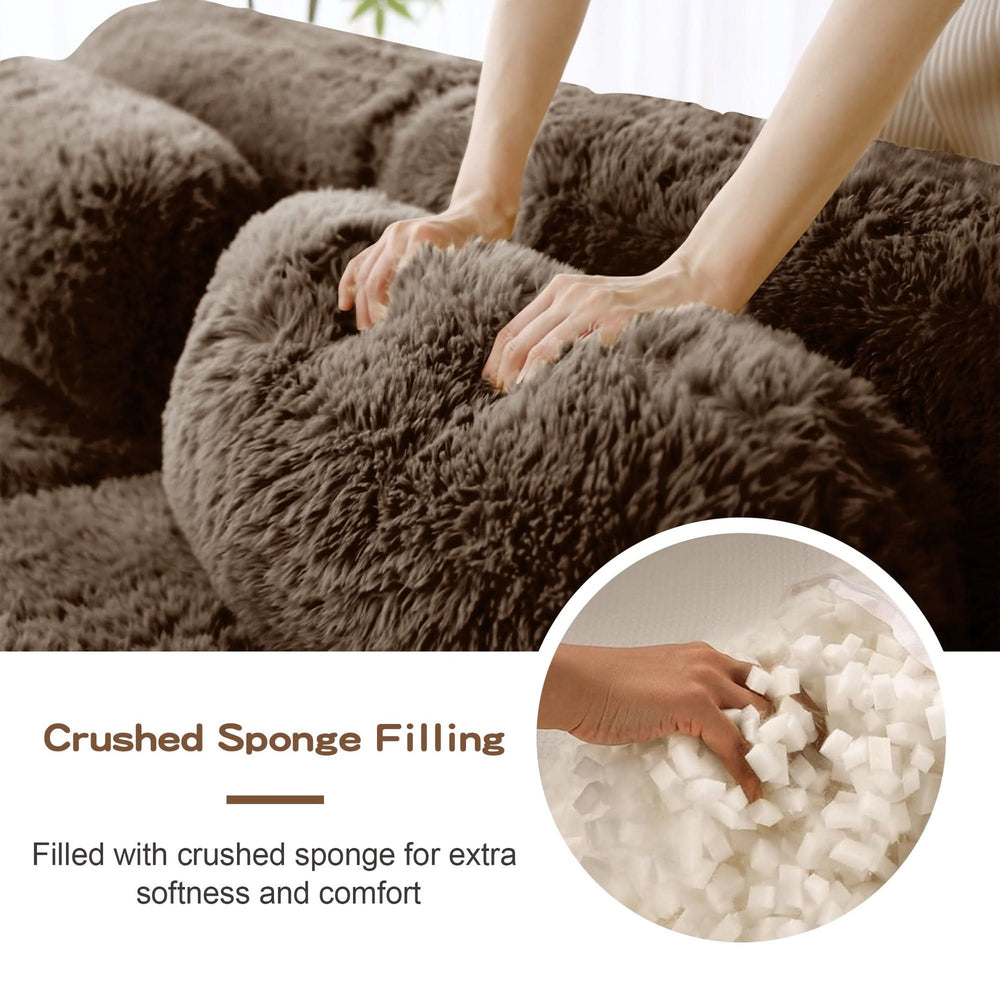 L-Shaped Sofa Plush Fabric With Movable Ottoman & Throw Pillows Chocolate Media 9