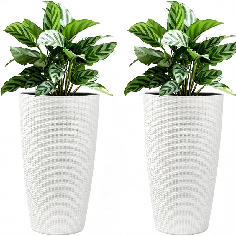 Faux Rattan Tall Planters Set with Water Level Monitor and Automatic Watering, White, Polypropylene, 22 Inch