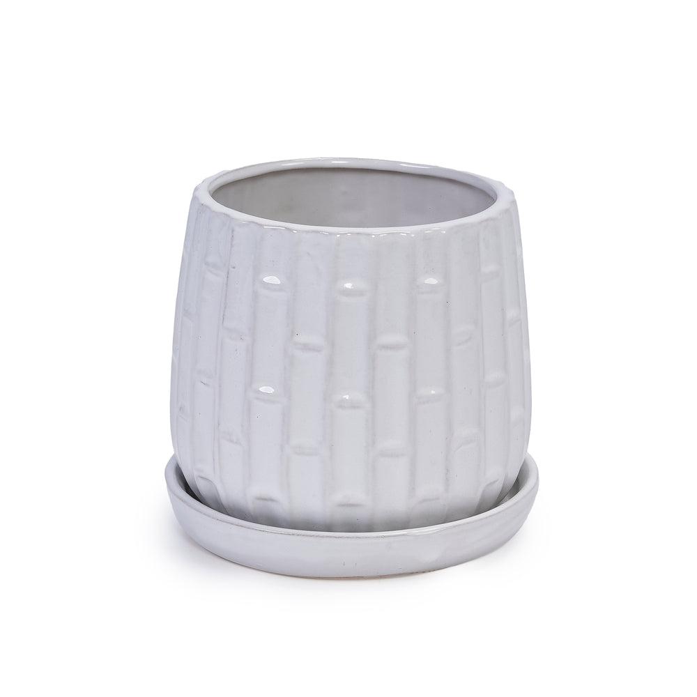Handmade White Glazed Ceramic Planter Set of 2, 6' & 8' Diameter, Bamboo-like Pattern, for Orchids Indoor/Outdoor Shelf & Table Use, Breathable Clay Media 12