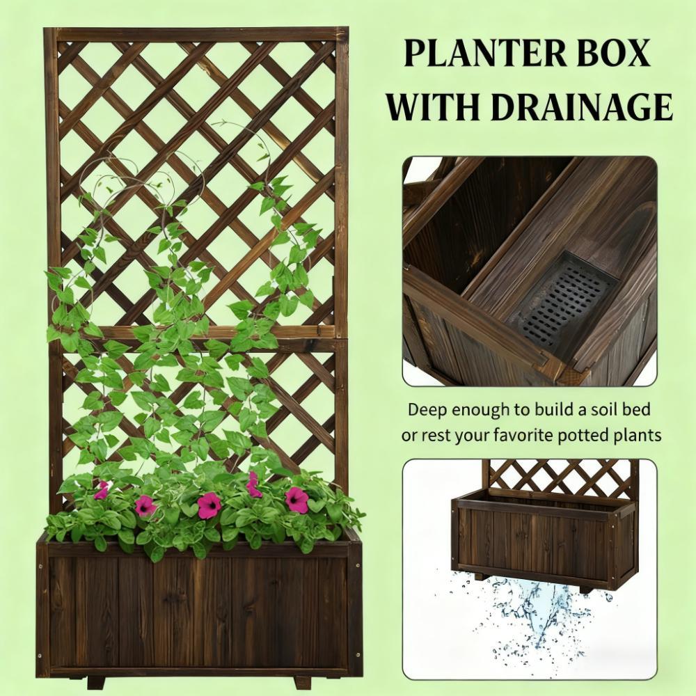 Garden Bed,Wooden Raised Garden Bed Planting Planter Box with Trellis and Drain Holes for Climbing Vine Plants Media 5