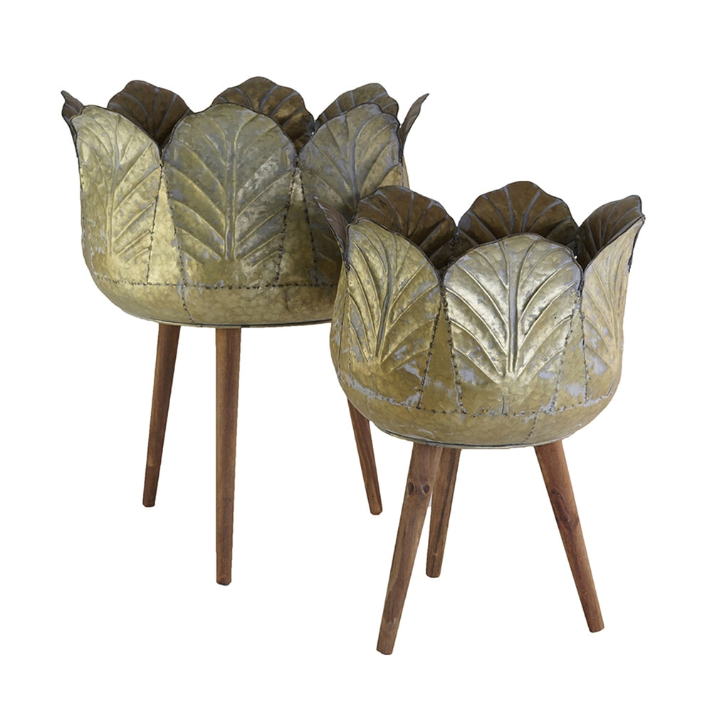Set of 2 Metal Planter With Wood Legs Stand, L:D18.5x23.5' S:D15.7x20' Media 2