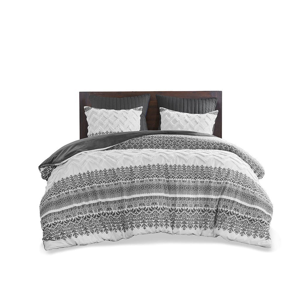 3 Piece Cotton Comforter Set with Chenille Tufting Gray Full/Queen Media 10
