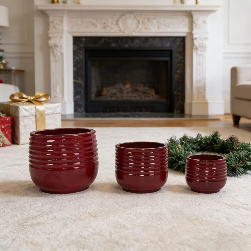 Handmade Glazed Ceramic Planter Set of 3, 15/11/8 Inch Diameter, Horizontal Groove Pattern, for Succulents & Flowering Plants Outdoor Garden & Indoor Staircase Bookshelf Use, Breathable Clay, Deep Red Media 5