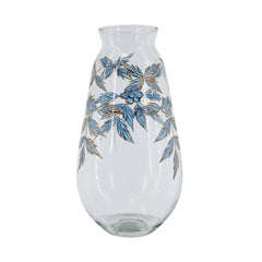 Round Clear Glass Vase with Blue and Gold Botanical Motifs perspective