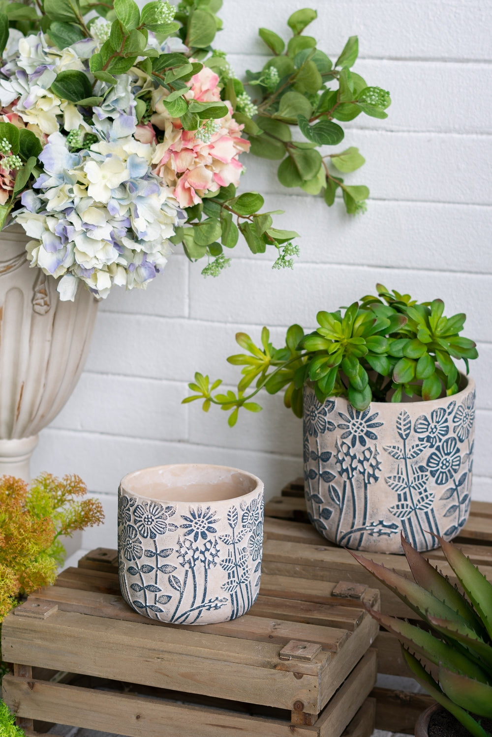 S/2 Gray Sand and Cement Planters with Blue Floral Motif, L:D7x6.7' S:D5.5x5' Media 1