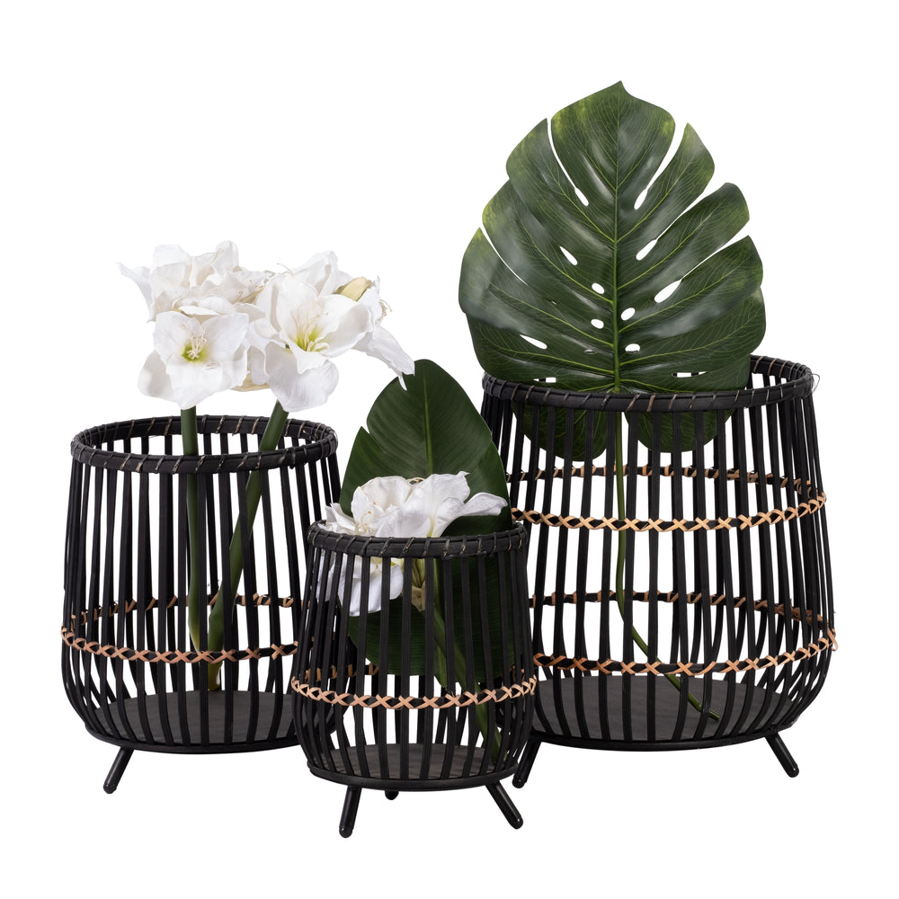 S/3 BAMBOO FOOTED PLANTERS 17/14/10', BLACK Media 4