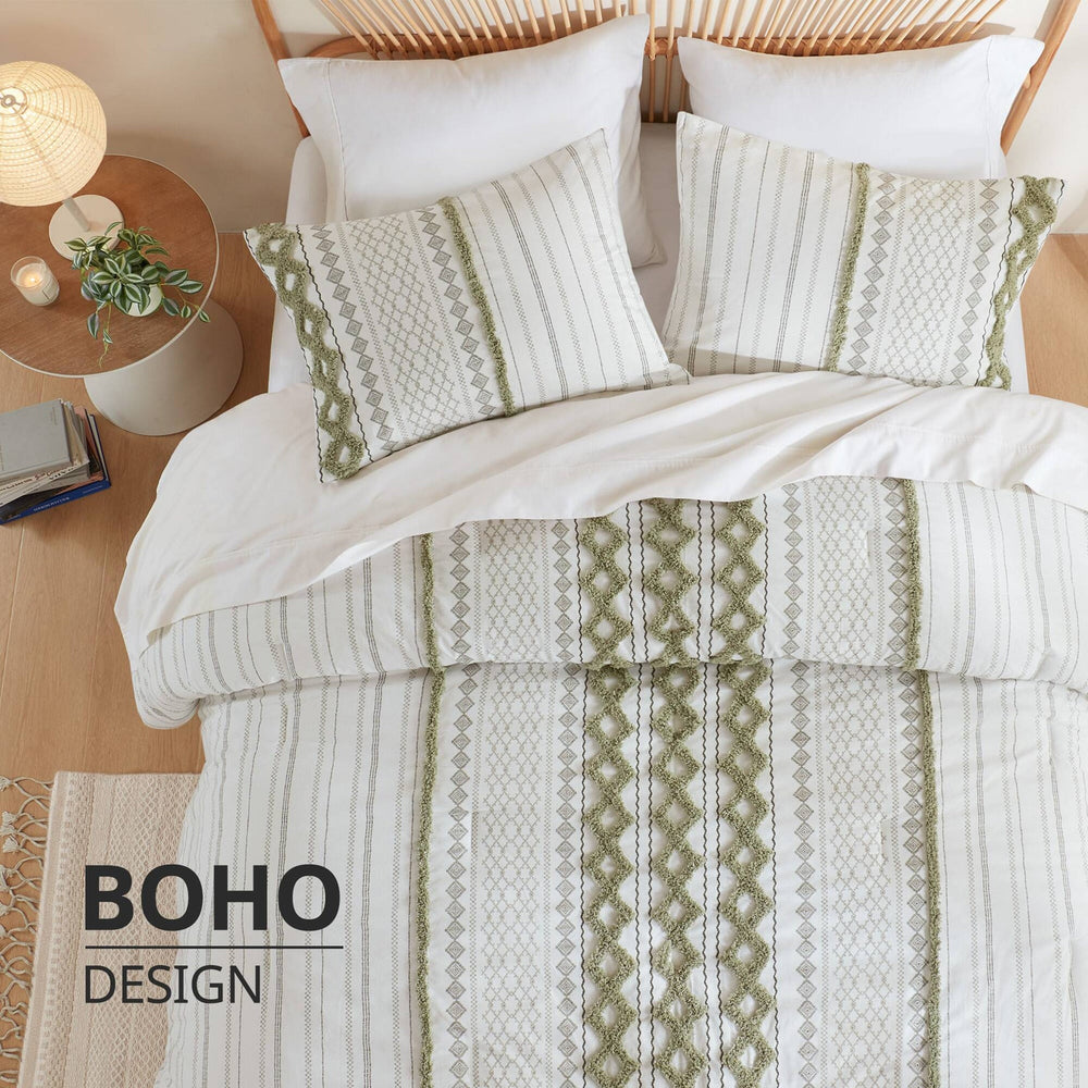 3 PCS Full/Queen Cotton Printed Duvet Cover Set with Chenille Sage/Ivory Media 19
