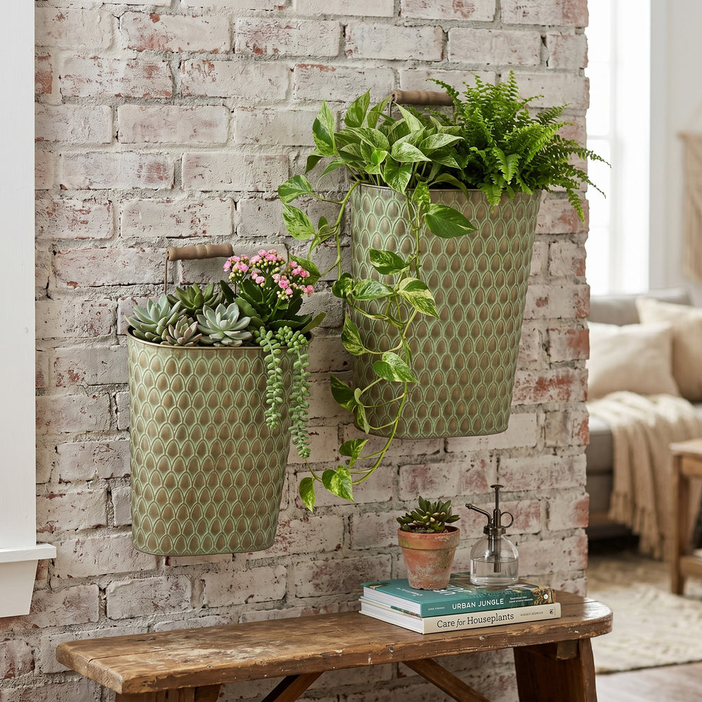 S/2 Textured Green Iron Hanging Planters with Arched Handles Media 1