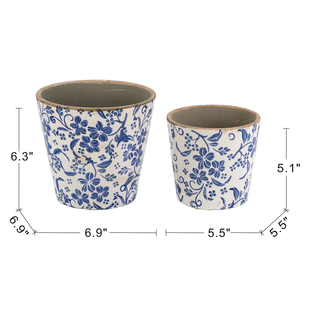 S/2 Blue and White Ceramic Planters with Floral Motif Media 6