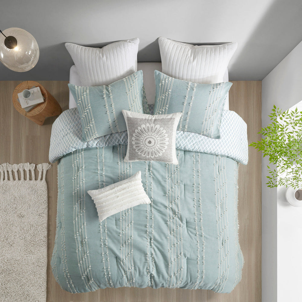 3 Piece Cotton Jacquard Comforter Set Aqua Full/Queen Media 2