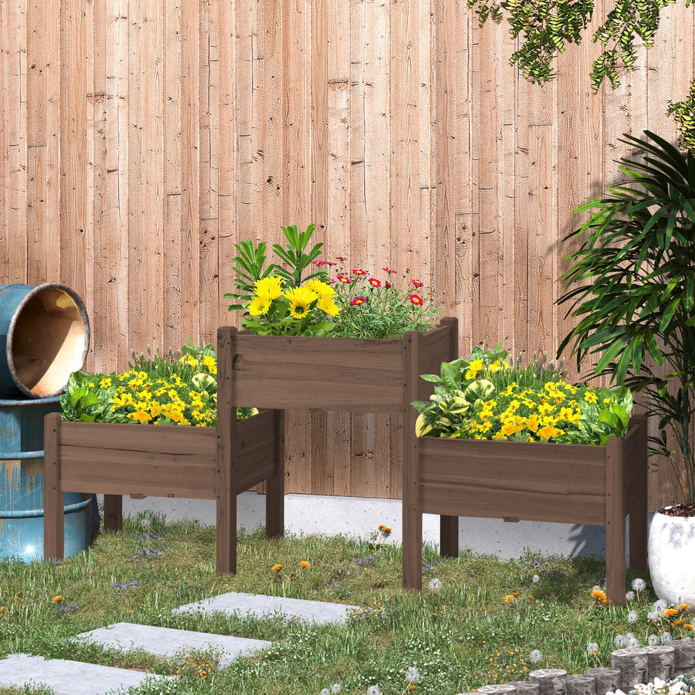 Outsunny Raised Garden Bed with 3 Planter Box, Elevated Wooden Plant Stand with Drainage Holes, for Vegetables, Herb and Flowers, Coffee Media 9