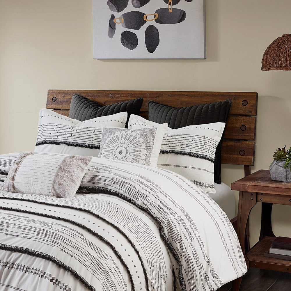 Cotton Printed Comforter Set with Trims Black/White King/Cal King Media 7