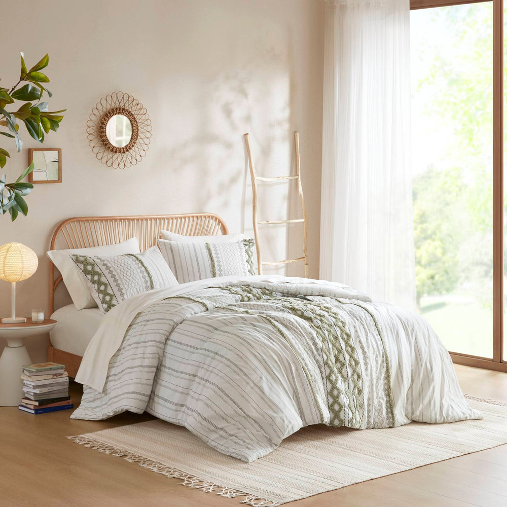 3 PCS Full/Queen Cotton Printed Duvet Cover Set with Chenille Sage/Ivory Media 1