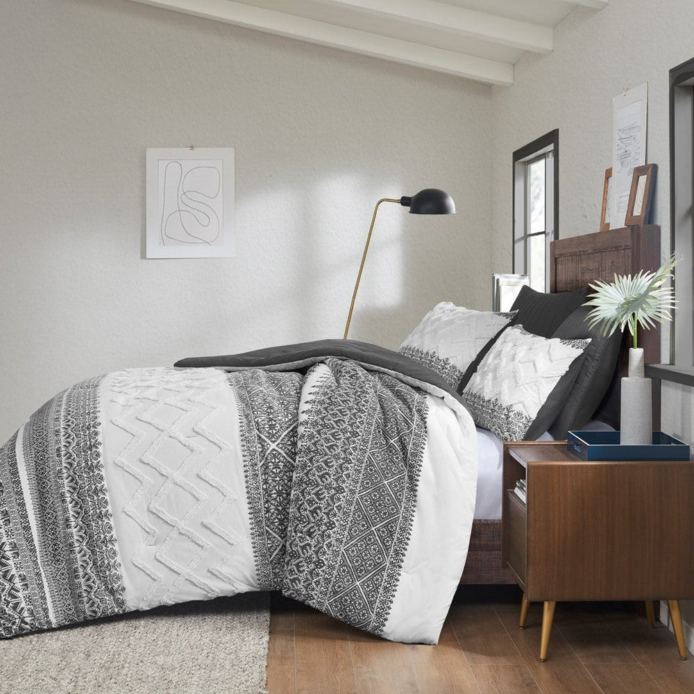 3 Piece Cotton Comforter Set with Chenille Tufting Gray Full/Queen Media 21