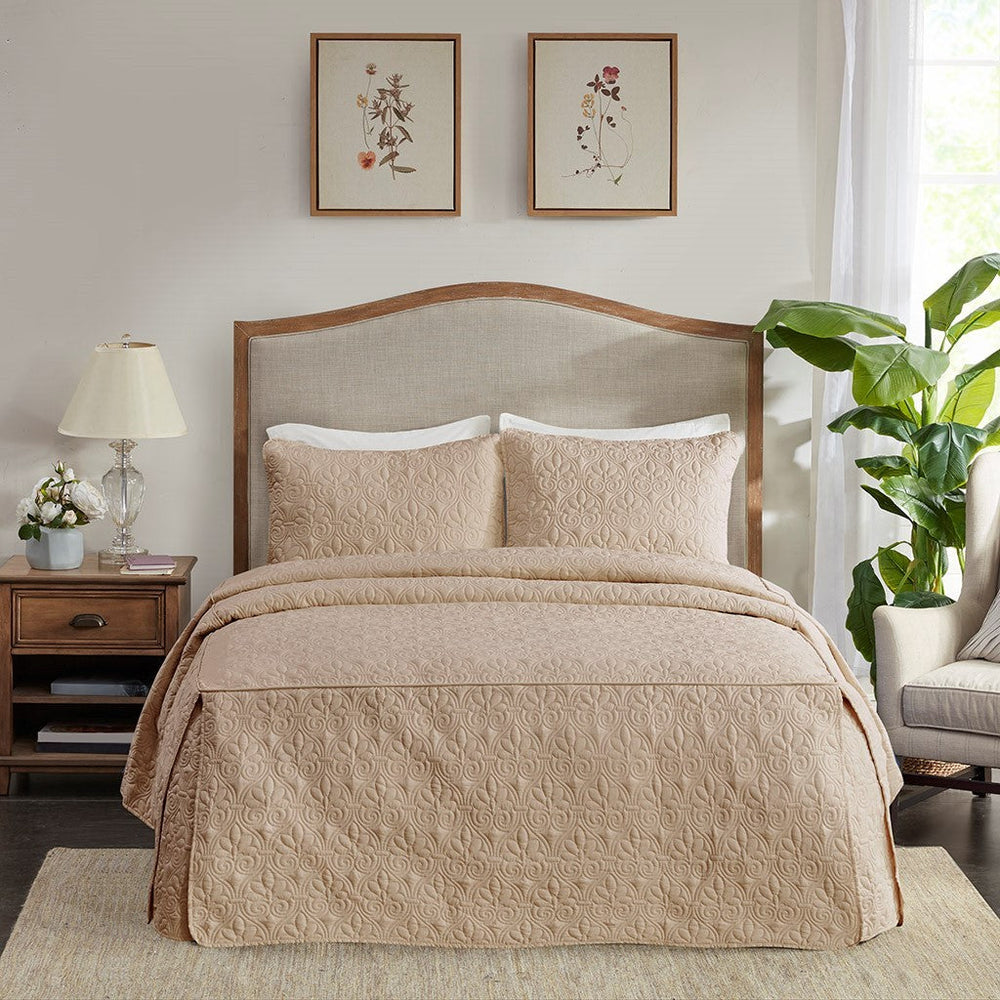 3 Piece Split Corner Pleated Quilted Bedspread Khaki King Media 8