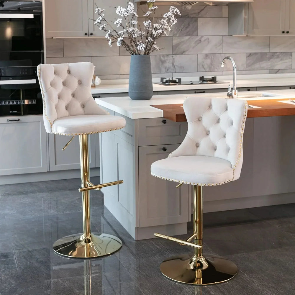 Velvet Bar Stools Beige Upholstered Adjustable Height 25-33 In Set Of 2 Media 16