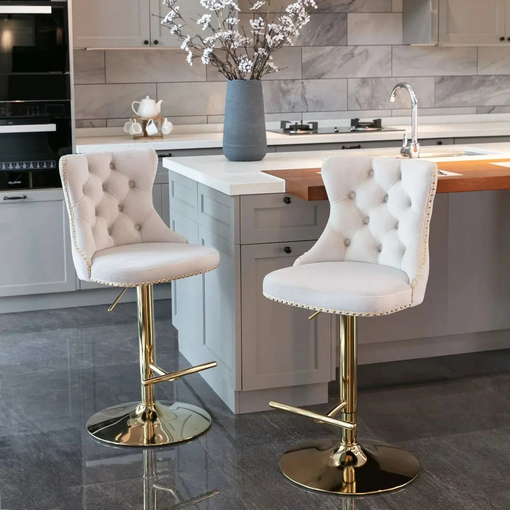 Velvet Bar Stools Beige Upholstered Adjustable Height 25-33 In Set Of 2 Media 1