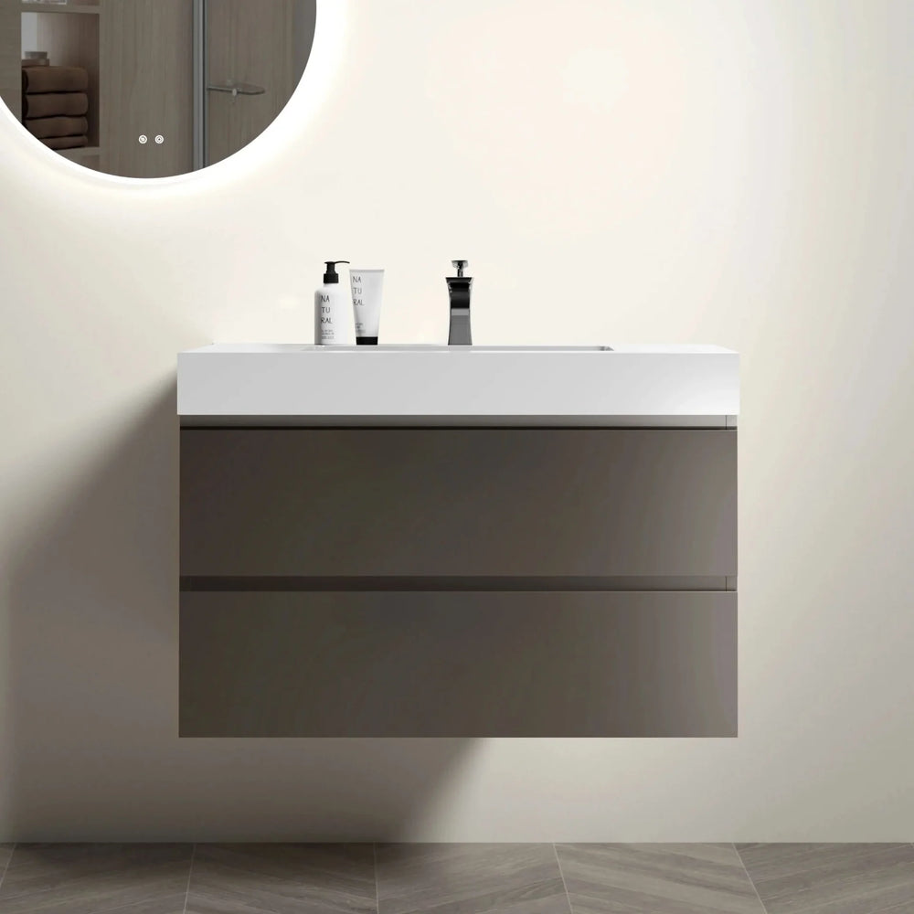 Bathroom Vanity Gray Wall Mounted With Sink & Large Storage Cabinet Media 1