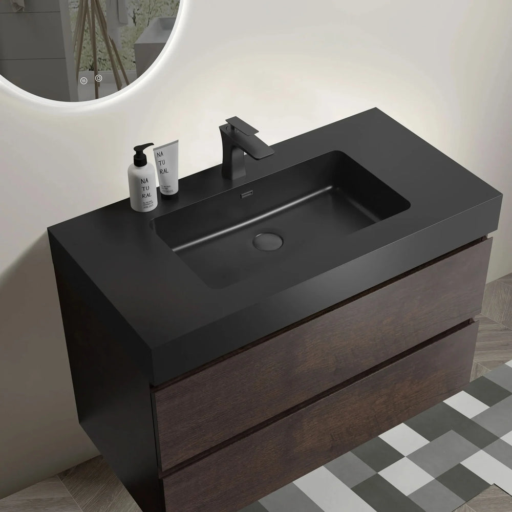 Walnut Bathroom Vanity Black Sink Wall Mounted Floating Space-Saving Design Media 5