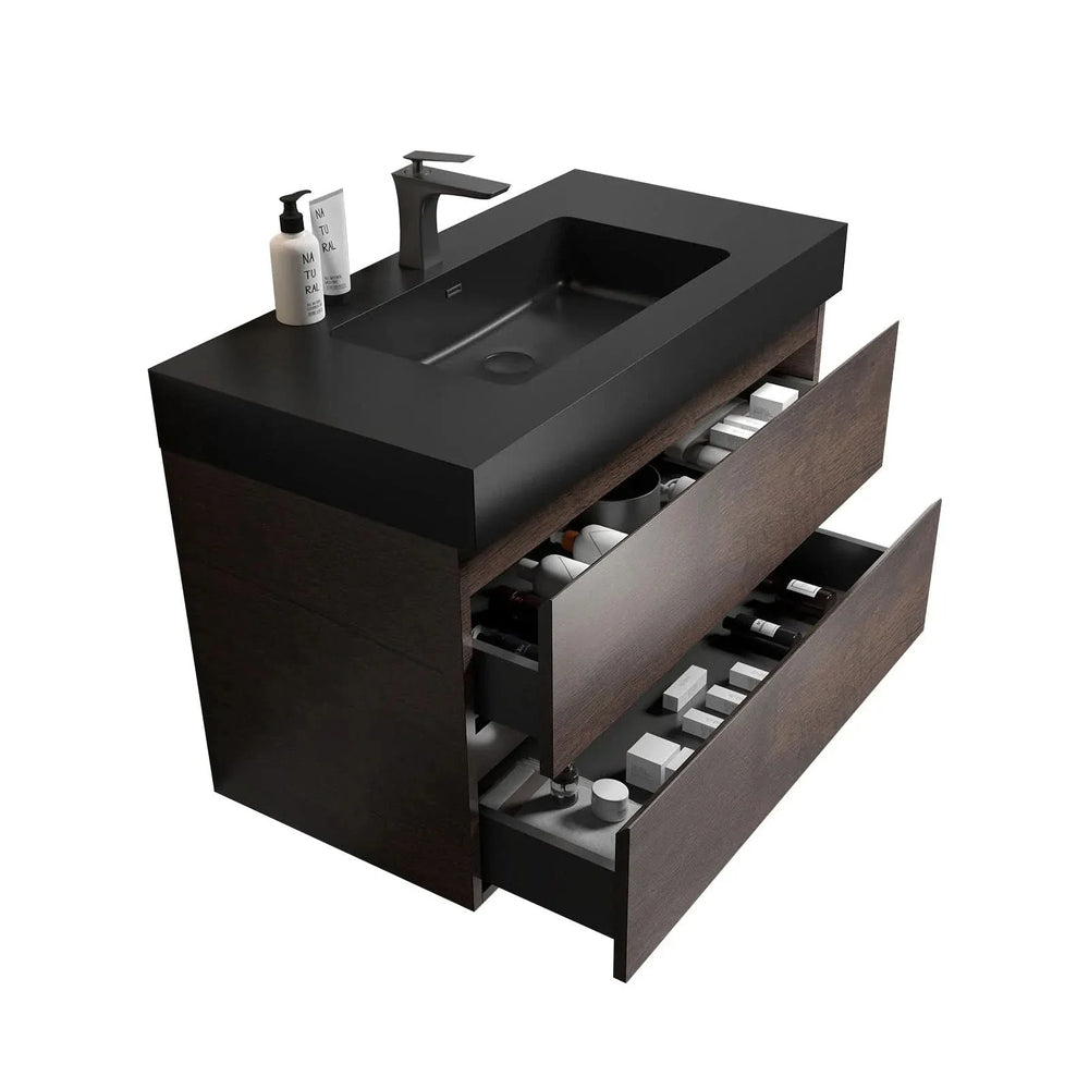 Walnut Bathroom Vanity Black Sink Wall Mounted Floating Space-Saving Design Media 1