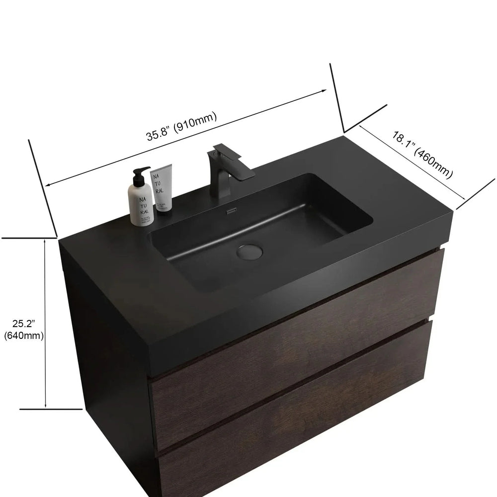Walnut Bathroom Vanity Black Sink Wall Mounted Floating Space-Saving Design Media 3