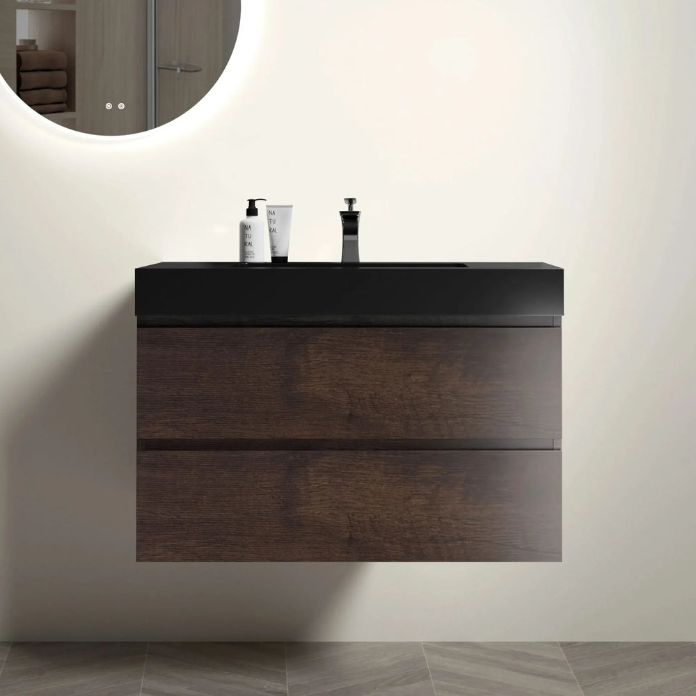 Walnut Bathroom Vanity Black Sink Wall Mounted Floating Space-Saving Design Media 2