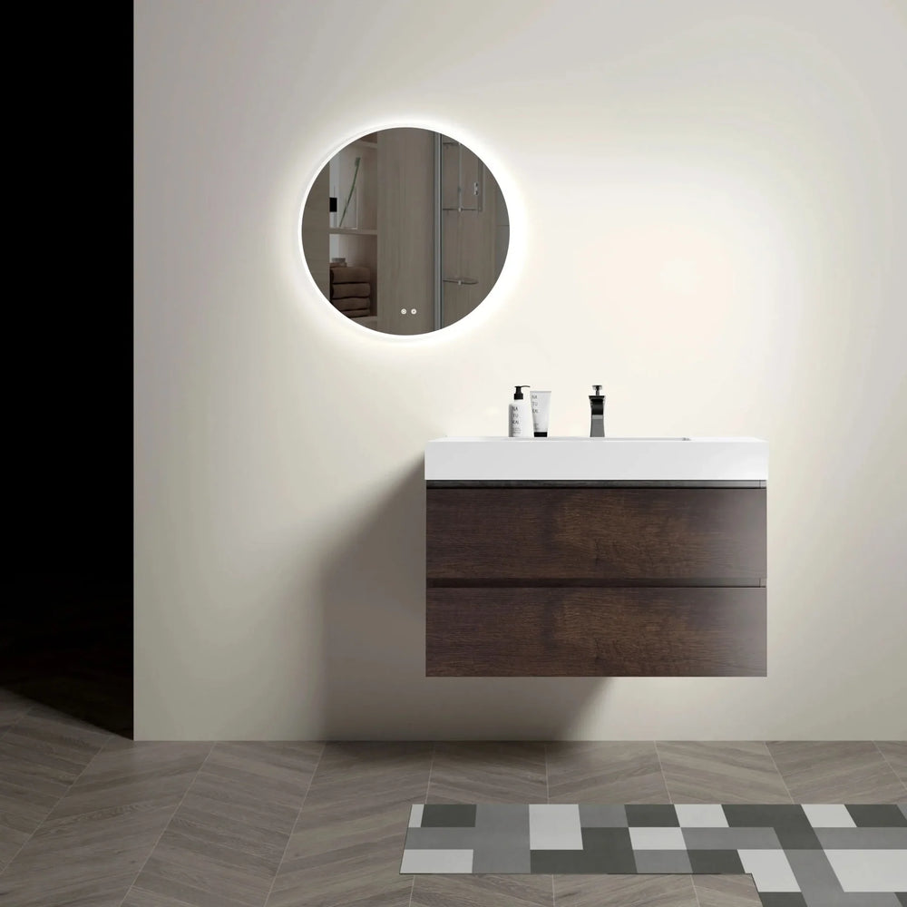Bathroom Vanity Walnut Wood Wall Mounted Floating With Large Storage Media 2