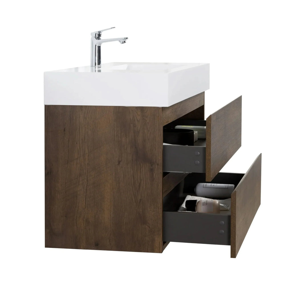 Bathroom Vanity Walnut Wood Wall Mounted Floating With Large Storage Media 9