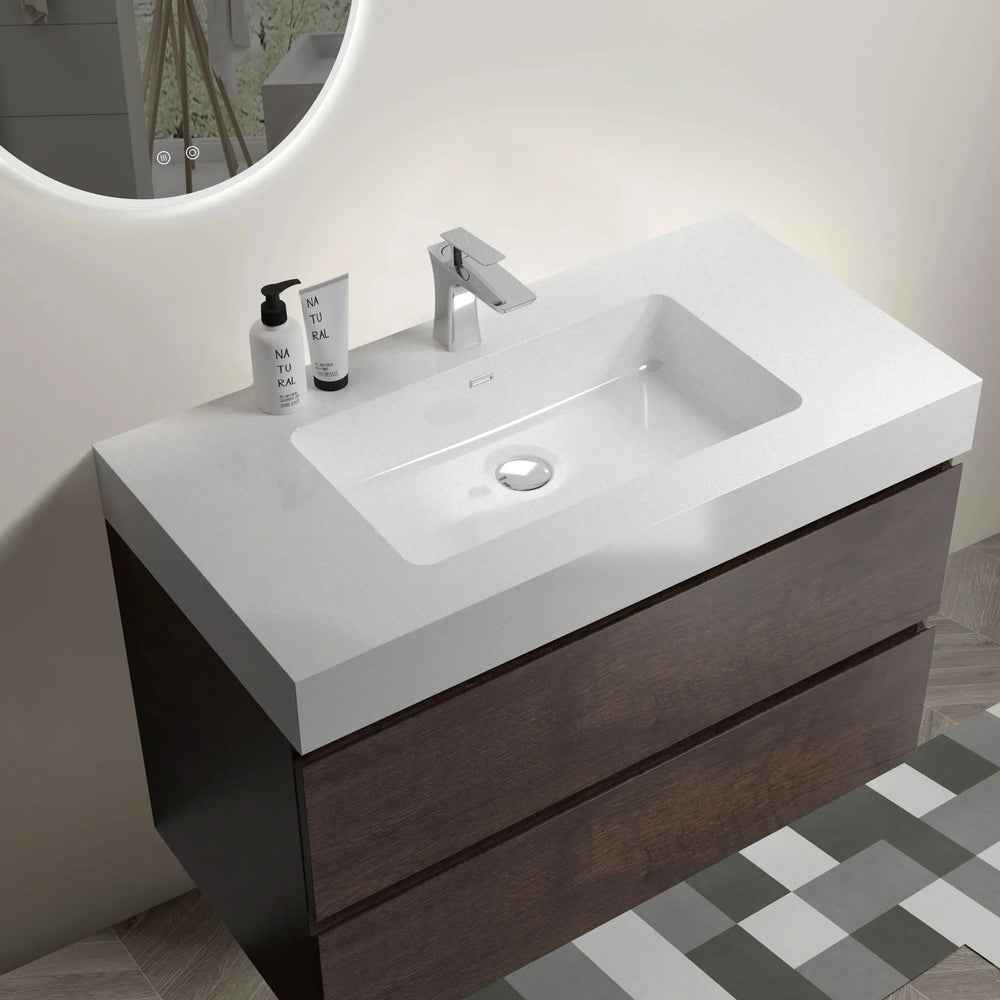 Bathroom Vanity Walnut Wood Wall Mounted Floating With Large Storage Media 3