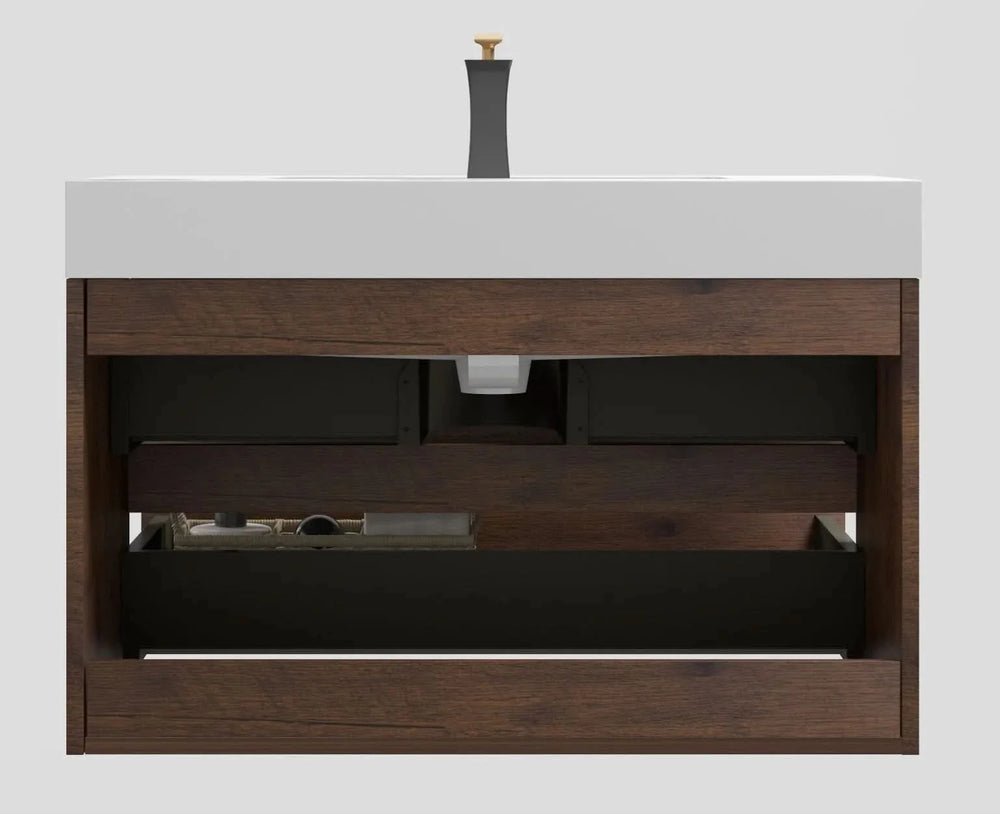Bathroom Vanity Walnut Wood Wall Mounted Floating With Large Storage Media 10