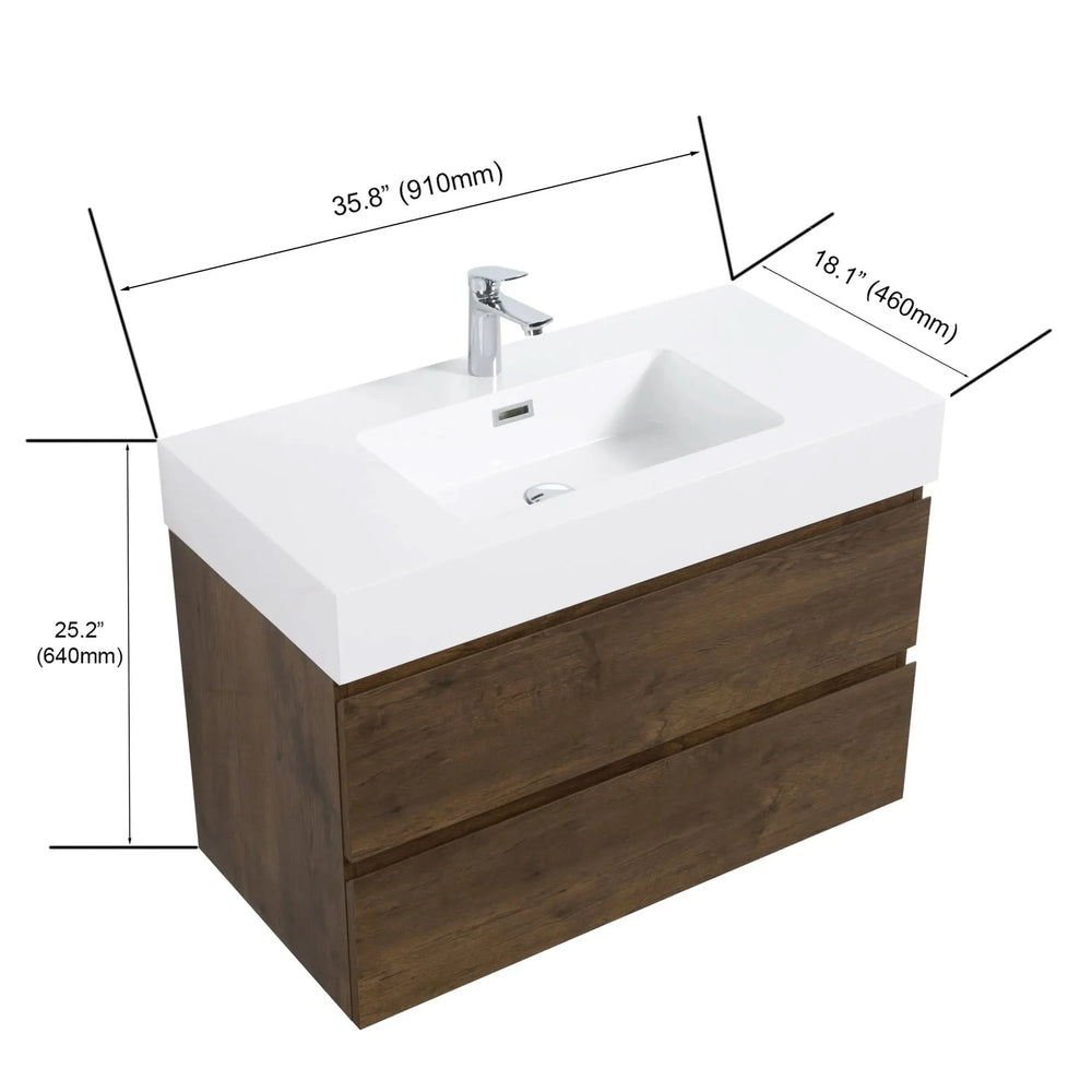 Bathroom Vanity Walnut Wood Wall Mounted Floating With Large Storage Media 6