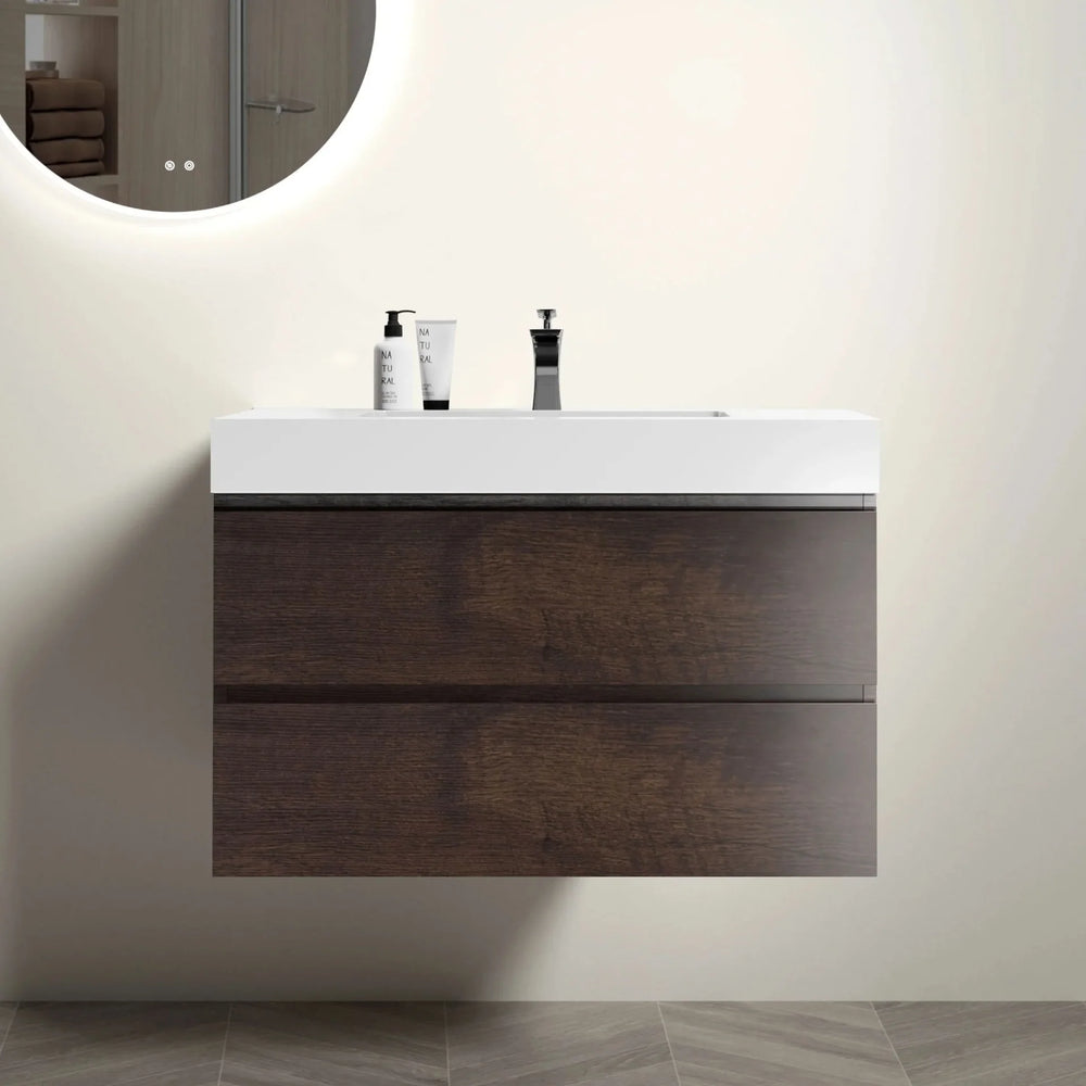 Bathroom Vanity Walnut Wood Wall Mounted Floating With Large Storage Media 1