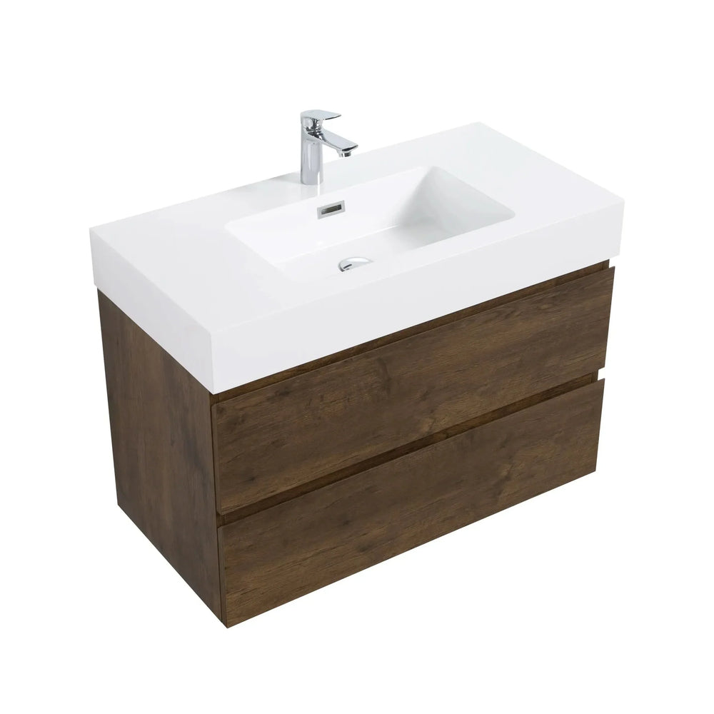Bathroom Vanity Walnut Wood Wall Mounted Floating With Large Storage Media 5