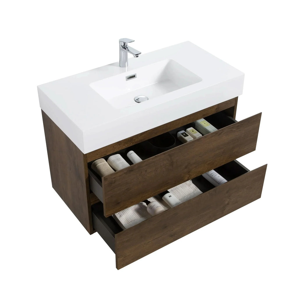 Bathroom Vanity Walnut Wood Wall Mounted Floating With Large Storage Media 7
