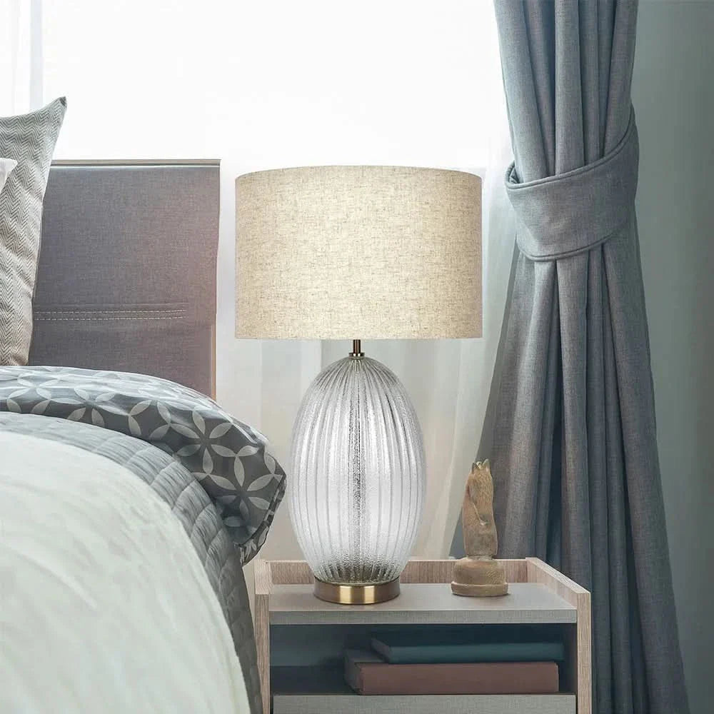 Ribbed Glass Table Lamp Glass Base Clear Linen Shade Bedside Lamp Media 4