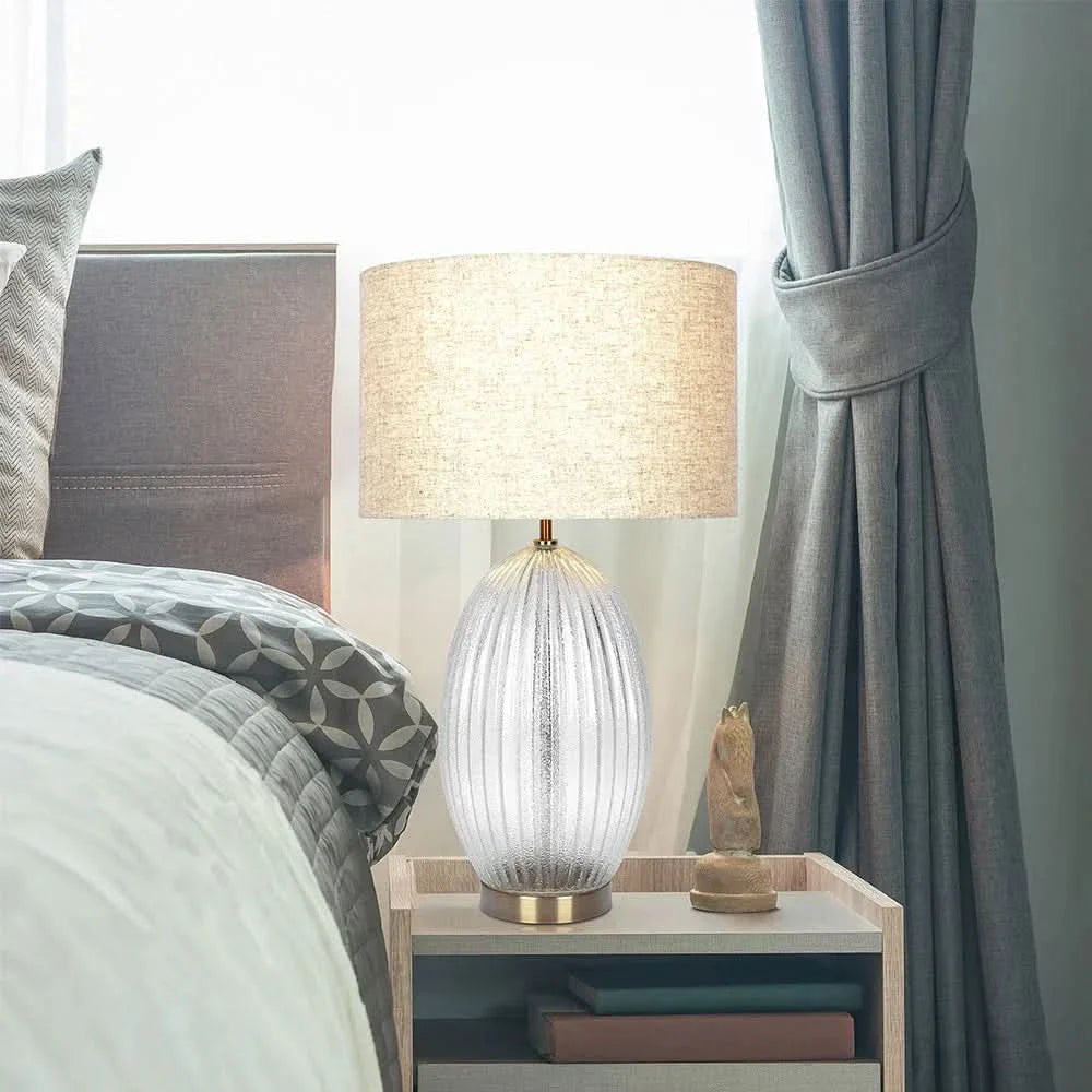 Ribbed Glass Table Lamp Glass Base Clear Linen Shade Bedside Lamp Media 1