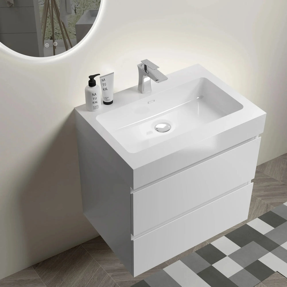 Solid Surface Basin 24 Inch Long Integrated White Modern Bathroom Sink Media 5