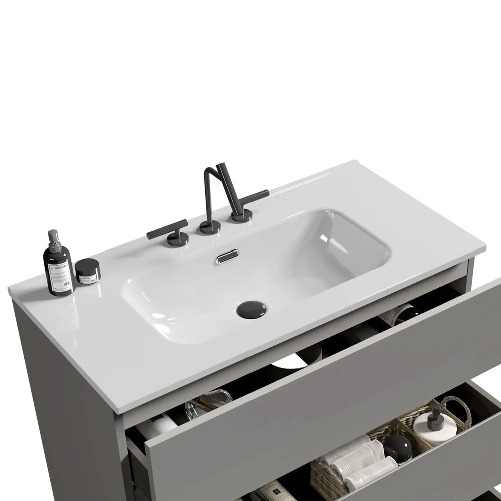 Ceramic Basin Integrated White Bathroom Sink 35.8 In Long Drain Not Included Media 2